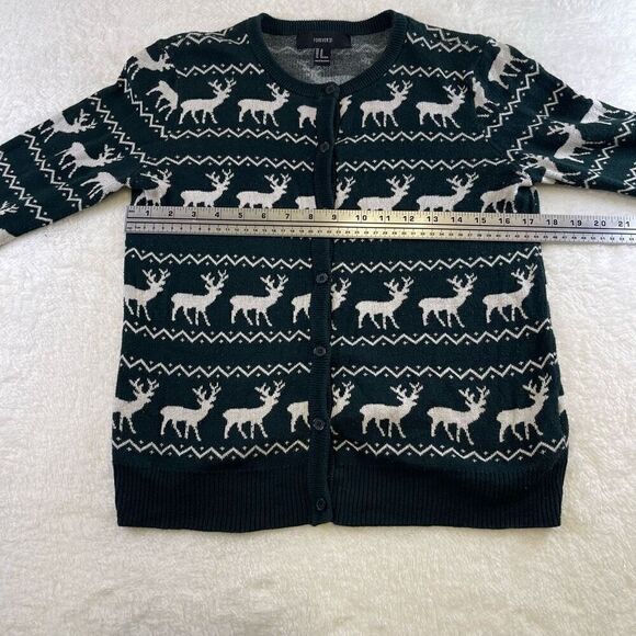 Forever 21 Medium Holiday Cardigan Green Reindeer Print Button Sweater - Picture 6 of 13